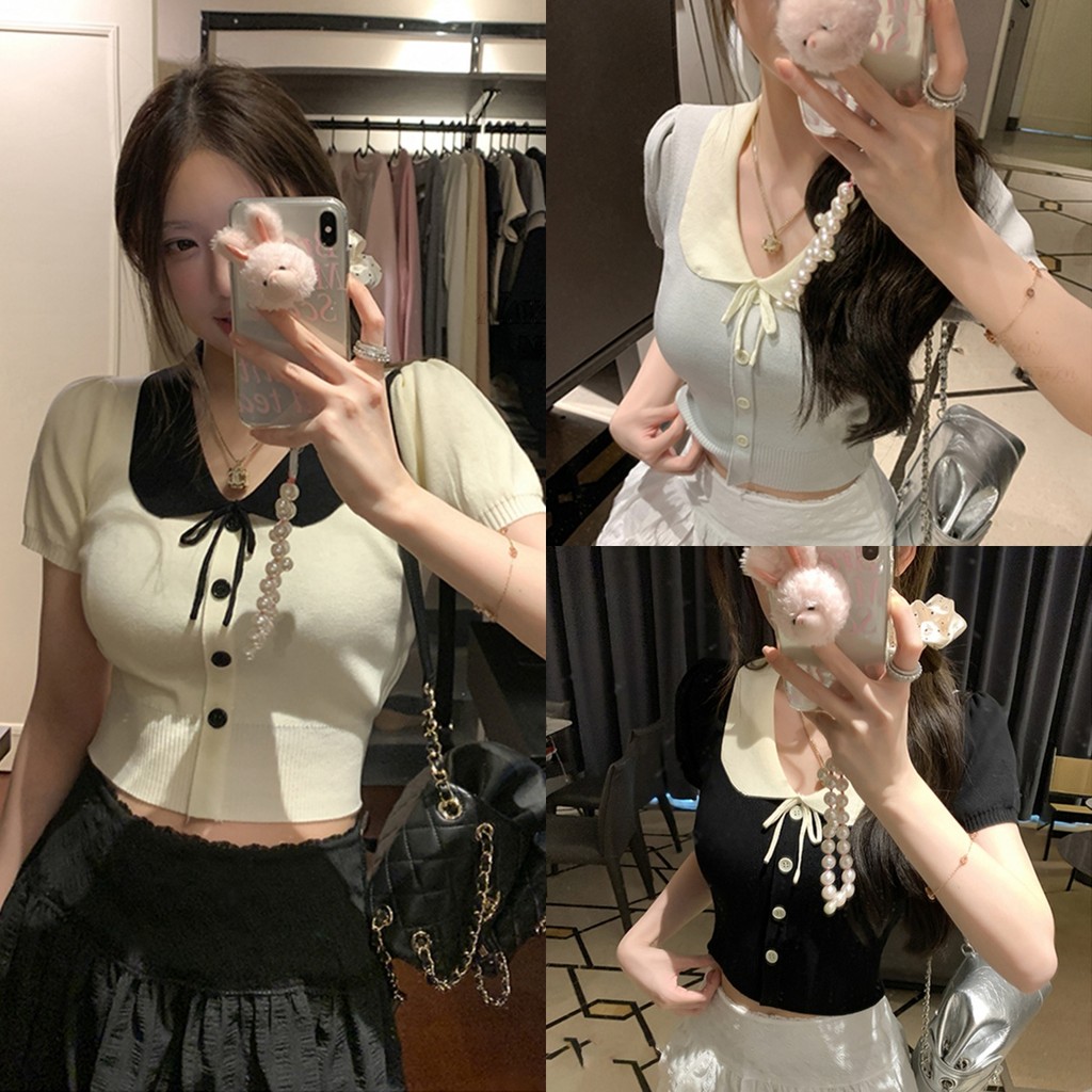 Kayla เสื้อยืดผู้หญิง ไหมพรม แขนพัฟ ผูกโบว์ กระดุมหน้า แขนสั้น เสื้อครอป สไตล์เกาหลี แฟชั่น น่ารัก#83228