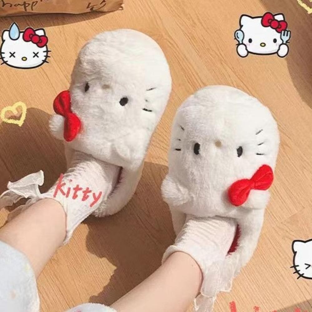 Hgougv656 รองเท้าแตะ Hello Kitty, ฤดูหนาวที่อบอุ่นลื่นรองเท้าแตะ Sanrio Plush, แฟชั่นคุณภาพสูงป้องกันกลิ่นน่ารักโบว์รองเท้าแตะผู้หญิงปี Xmas
