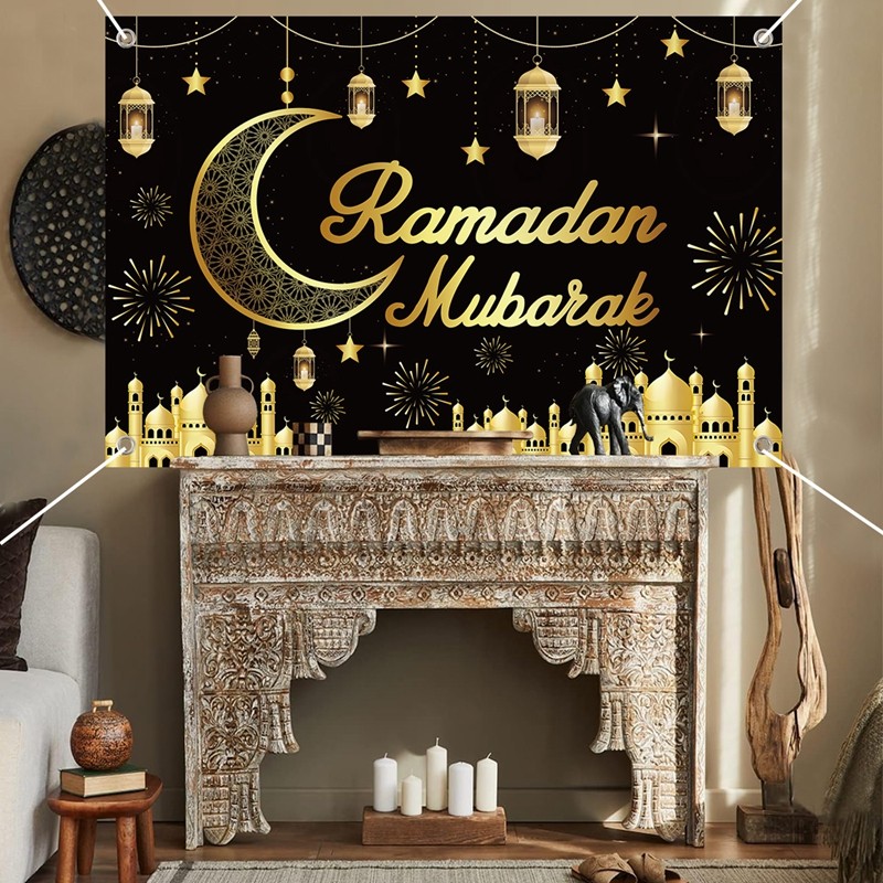 150*100 ซม.สีดําทอง Eid Mubarak แบนเนอร์ฉากหลังมุสลิม Castle Moon Star การถ่ายภาพฉากหลังมุสลิม Kareem Eid ป้ายพื้นหลังเทศกาลมุสลิมอุปกรณ์