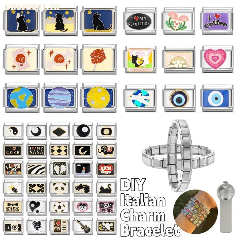 2024 ใหม่แฟชั่น Black Ball Charm อิตาเลี่ยน Links Fit 9 มม.สร้อยข้อมือสแตนเลสเครื่องประดับ DIY ทํา