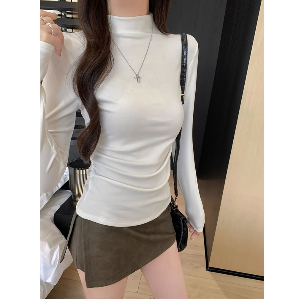 Betty house🌸พร้อมส่ง เสื้อยืดแขนยาวผู้หญิง เสื้อรัดรูป ดีไซน์จีบด้านข้าง สีพื้น เซ็กซี่ คอสูงครึ่ง สไตล์เกาหลี - รูปที่ 7