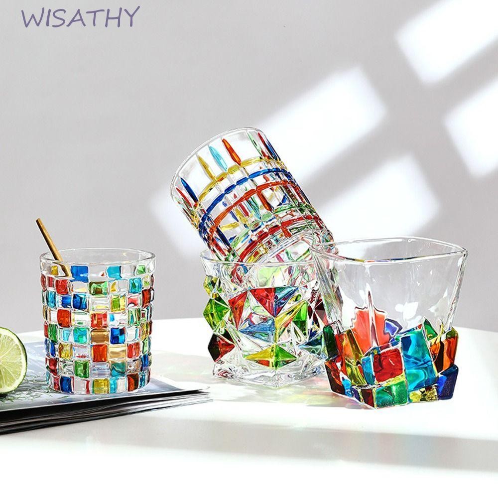 WISHATHY Glassware Bourbon Whisky Rum ภาพวาดสีสันสดใสถ้วยแก้ว