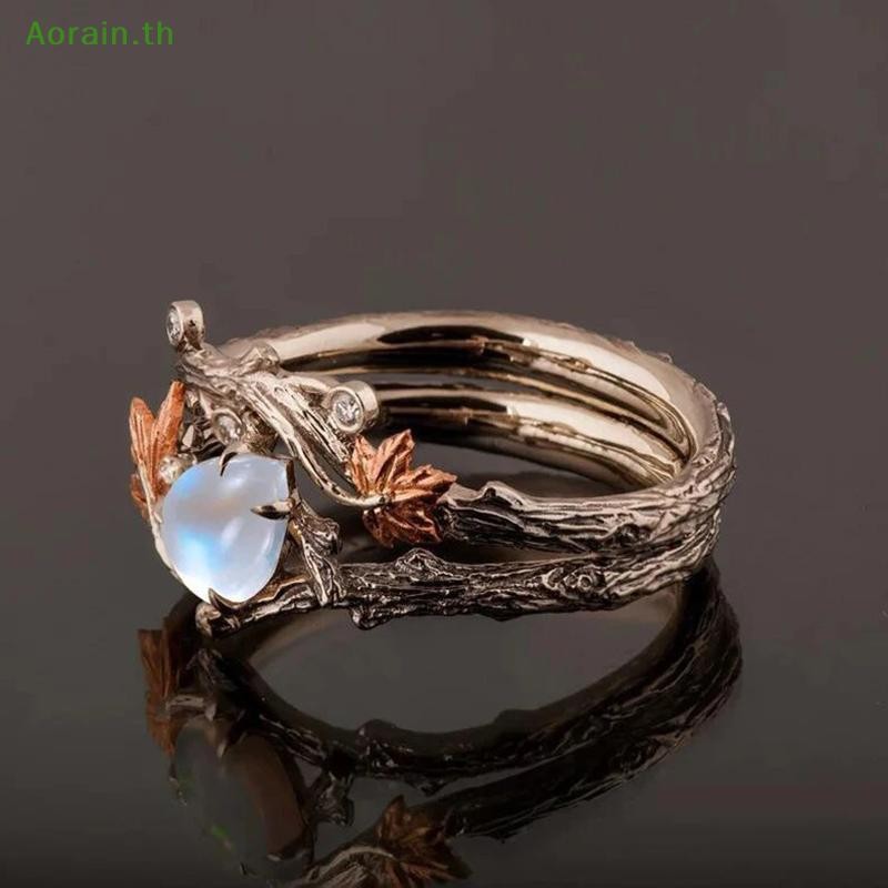 # Anth แฟชั่น # Vintage Antique Gold Twig le Leaf Moonstone แหวนสําหรับผู้หญิงสาวแหวนแสงเครื่องประดับอุปกรณ์เสริมของขวัญวันครบรอบ