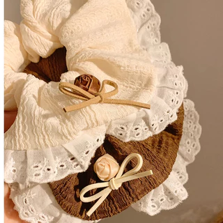 แฟชั่นสีกากี Bowknot ลูกไม้ผมหางม้าผมแหวนหัวเชือกผูกผม Scrunchies Headwear
