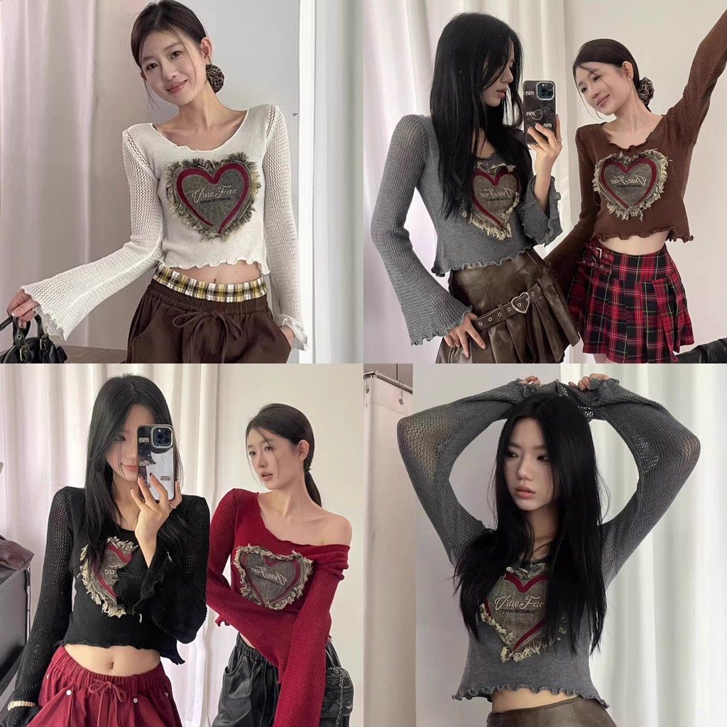 Kayla เสื้อไหมพรม ครอป คอกลม ดีเทลแต่งหัวใจ ปลายขาดๆ เสื้อแขนยาว สไตล์เกาหลี แฟชั่น ทรงสวย#9083-1