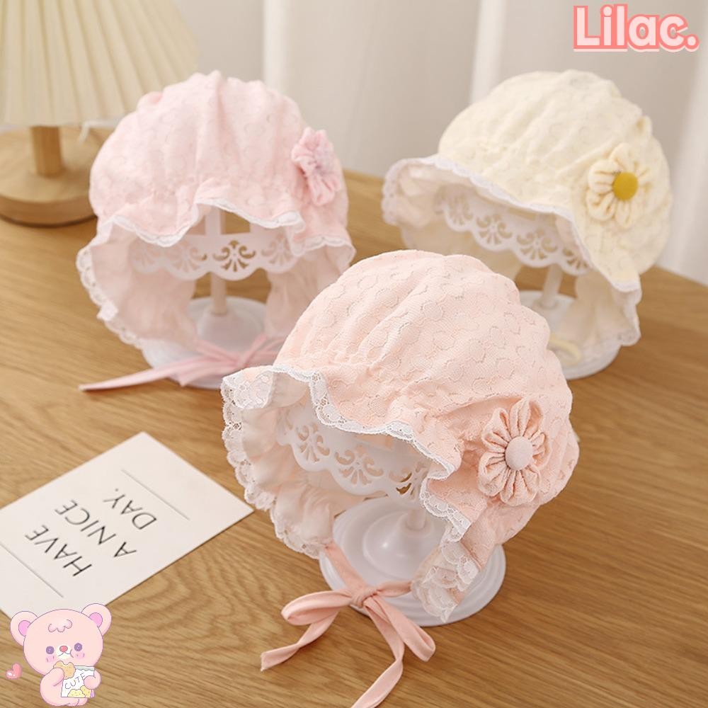 Lilac Baby Bow หมวกชาวประมง, สั้น Eave Ruffle Baby Bonnet หมวก, แฟชั่นลูกไม้ Breathable Lace Up หมวก