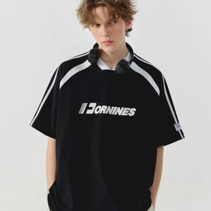 BECoolMan-เสื้อยืดคอวีวินเทจสไตล์อเมริกัน เสื้อคู่สีตัดกัน พิมพ์ลายตัวอักษร ยอดนิยม ลำลอง