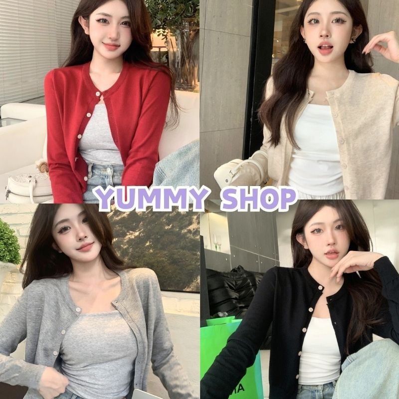 🎀Yummy Shop🎀พร้อมส่ง【D091】เสื้อคลุมไหมพรมแขนยาว คอกลม คาดิแกรนเกาหสีสีพื้น