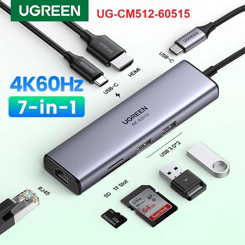 Ugreen CM512-60515 7 HIGH END USB-C 7IN1 DOCKING 2*USB3.0+HDMI 4K@60HZ+RJ45 GIGABIT+SD&TF +PD - Ugre