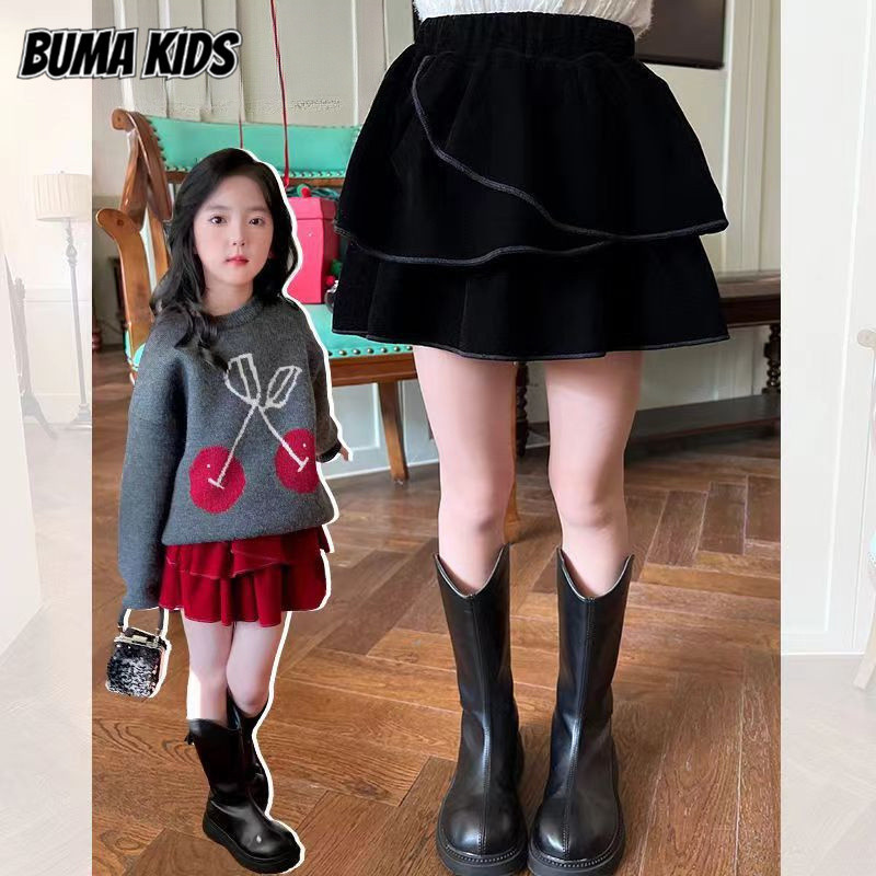 BUMA KIDS กระโปรงจีบแฟชั่นอเนกประสงค์สำหรับเด็กกระโปรงเจ้าหญิงลำลองเรียบง่ายสำหรับเด็ก