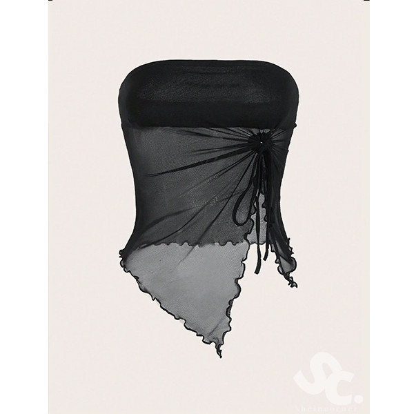 Y2K Top Lettuce Trim Drawstring Sideไม่สมมาตร Hem Mesh Tube