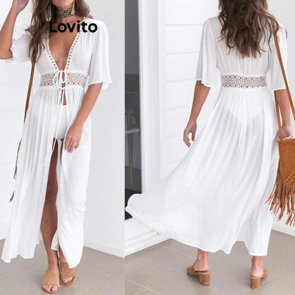 Lovito เสื้อคลุมกิโมโนผู้หญิง ผ้าเย็บต่อ สีพื้น สไตล์ลำลอง LNE60448