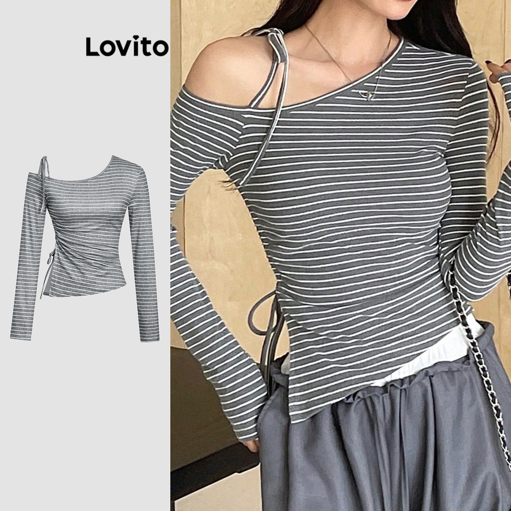 Lovito เสื้อยืดลายทางผูกด้านหน้าเปิดไหล่ลำลองสำหรับผู้หญิง L114AD007