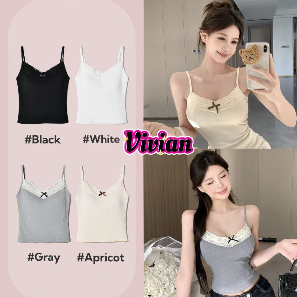 Vivian เสื้อสายเดี่ยว มีฟองน้ำ แต่งลูกไม้ ผูกโบว์ เสื้อครอป สีพื้น สีพื้น สุดเซ็กซี่ ใส่สบาย สไตล์ลำลอง#FY311