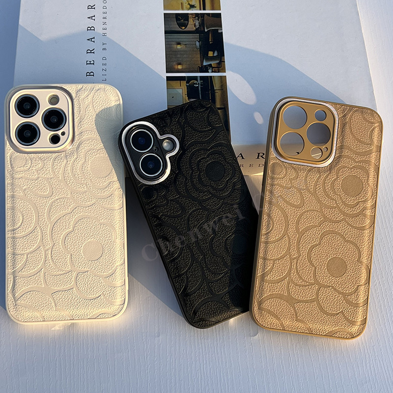 Metalic กรอบกล้อง Camellia เคสหนัง PU สําหรับ iPhone 17 17Pro 17Promax 16Promax 16 15 14 13 11