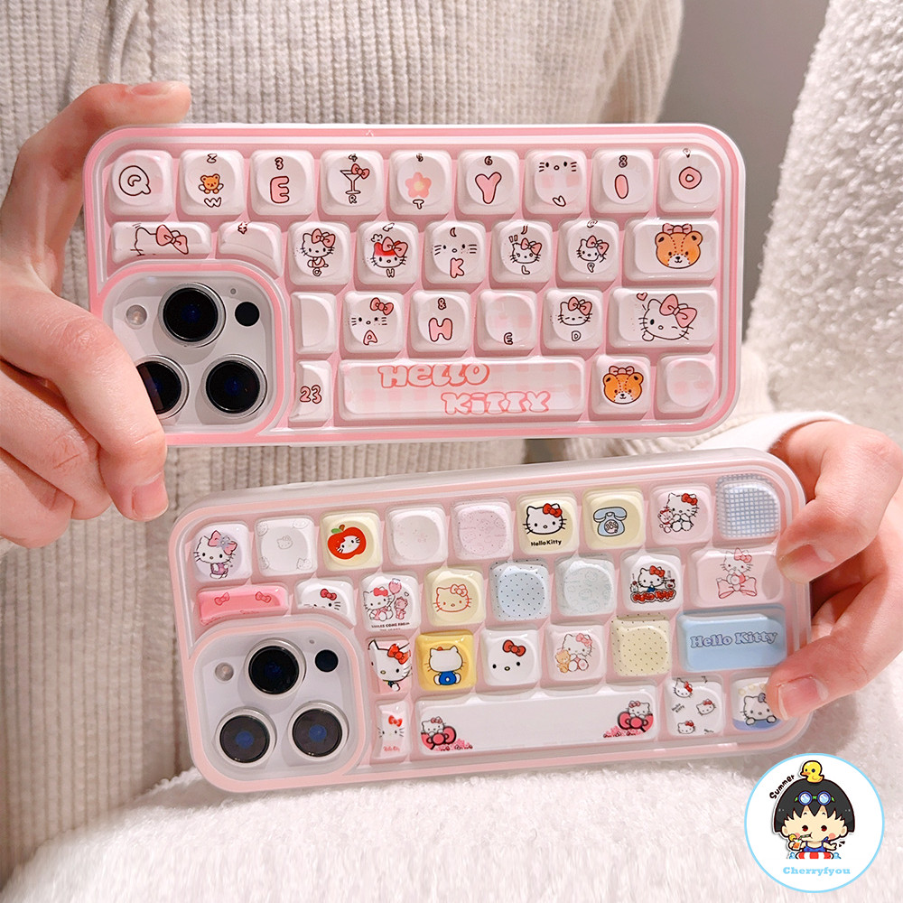 Creative สีชมพู Hello Kitty คีย์บอร์ดเคสโทรศัพท์สําหรับ IPhone 16 15 14 Plus 13 12 11 Pro Max Anti-Slip กันกระแทก Soft TPU ฝาหลัง