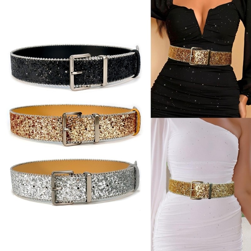 Well Blingbling Pin Buckle เข็มขัดเอวสําหรับผู้หญิง Sequined เข็มขัดกว้างเข็มขัด Shimmering เข็มขัดส
