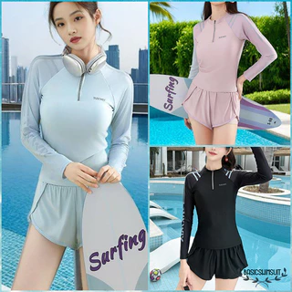 🧡Basic swimsuit💛 ชุดว่ายน้ำแฟชั่น ชุดว่ายน้ําผู้หญิงทูพีช ชุดว่ายน้ำแขนยาว ผ้าแห้งเร็ว ว่ายน้ำ 3สี