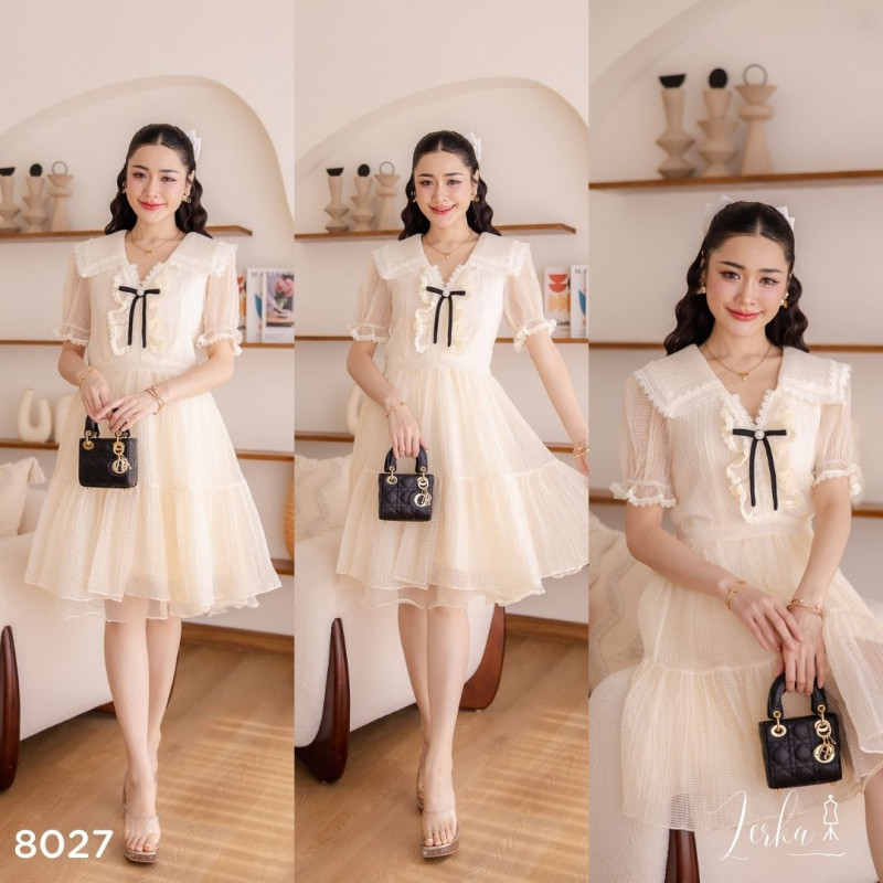 ชุดเดรสคุณหนูน่ารัก สีครีม #code8027