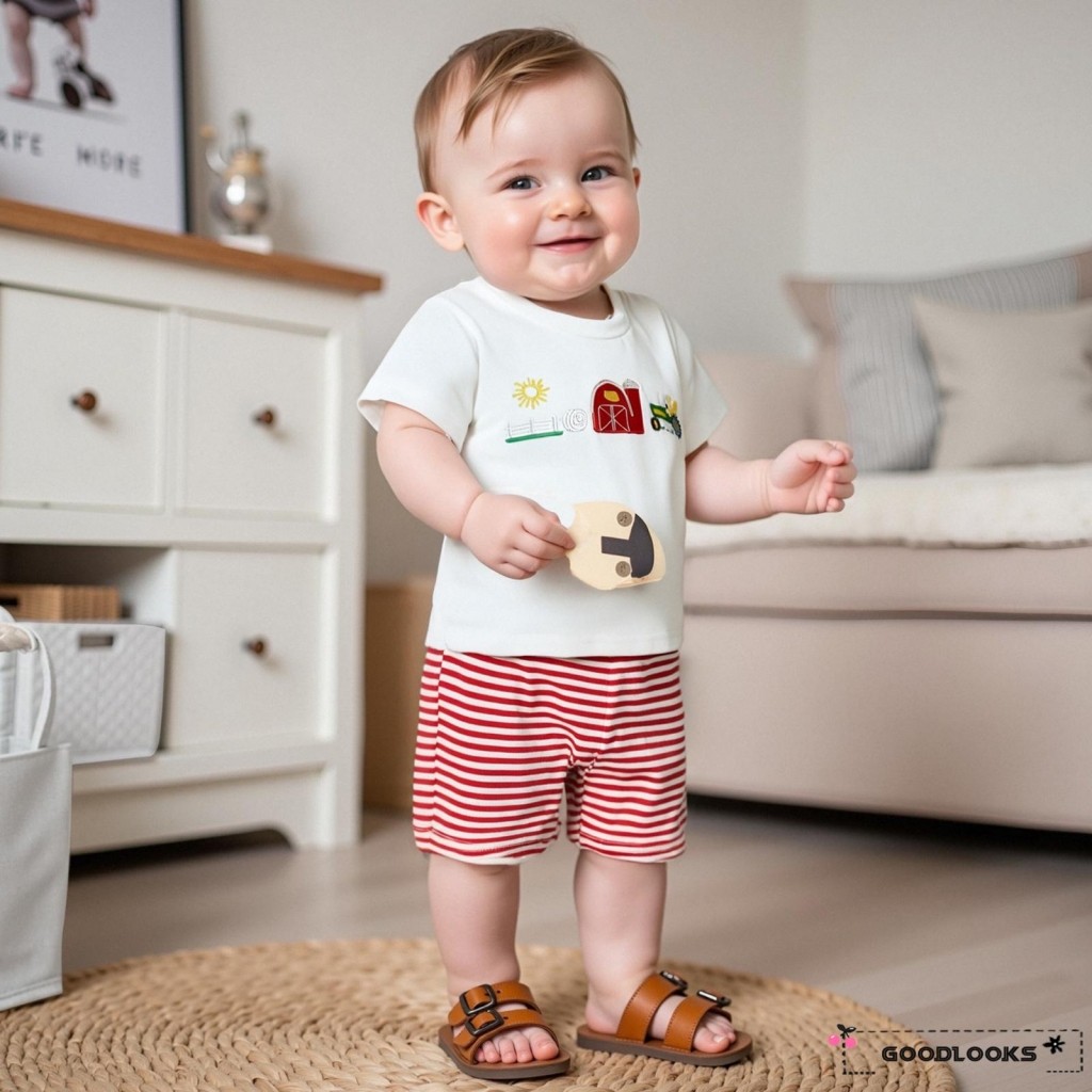 GD-Toddler Boy ชุดฤดูร้อน Sun เย็บปักถักร้อยแขนสั้นคอกลมเสื้อยืด + กางเกงขาสั้นลาย 2 ชิ้นชุด