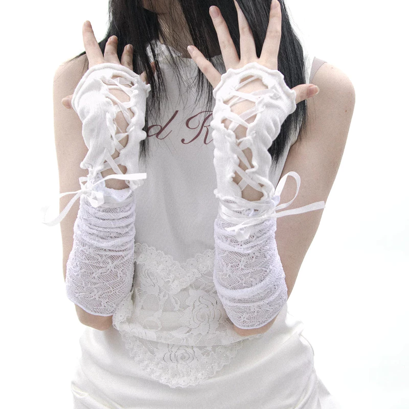 ผู้หญิงผ้าพันแผลถุงมือวัฒนธรรมย่อย ย2เค ญี่ปุ่นสไตล์ฮาราจูกุสาวร้อนลูกไม้สีขาวแขนโลลิต้า