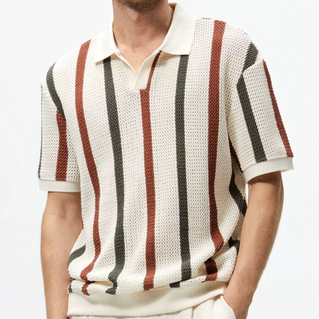 เสื้อยืดคอโปโลลายทางแขนสั้นฤดูร้อนสำหรับผู้ชาย Hunlu