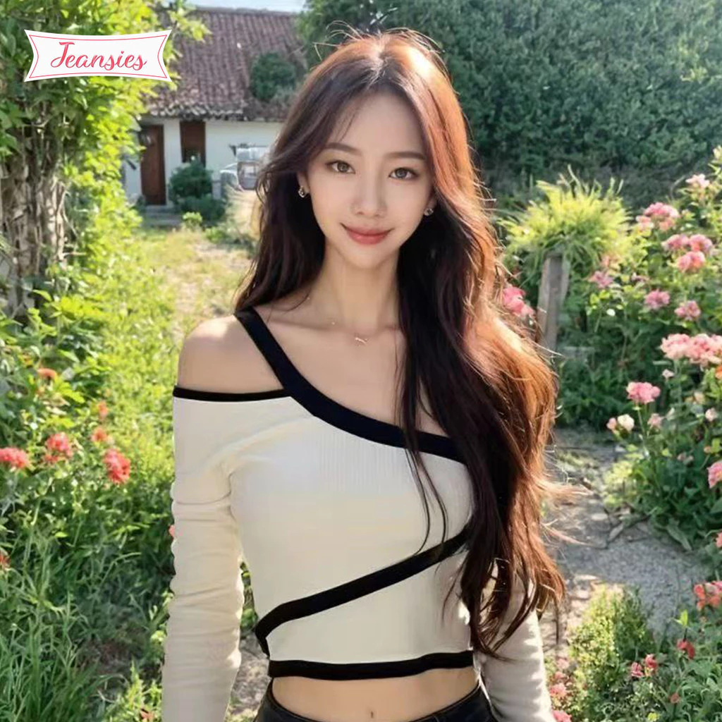 เสื้อแขนยาวผู้หญิงแฟชั่นใหม่ สไตล์มินิมอล โชว์ไหล่