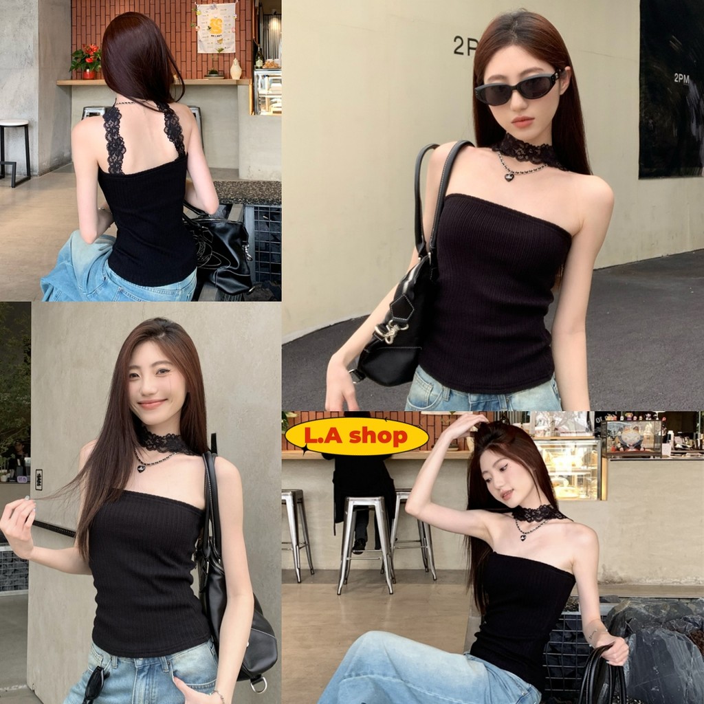 L.A Shop สไตล์ใหม่ เสื้อเกาะอก คล้องคอลูกไม้ น่ารักๆ ผ้าไหมพรม สีพื้น "Z-CR15"