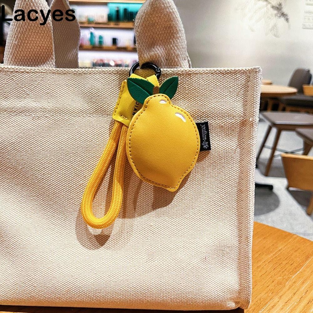 LACYES จี้กระเป๋าหนัง PU, พวงกุญแจเชอร์รี่ผลไม้พีช, แฟชั่นการ์ตูนมะนาวเชือกถักพวงกุญแจรถสาว/เด็กชาย