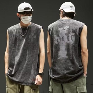 Y-T เสื้อกั๊กแขนกุดชายOVERSIZE🔥 เสื้อยืดฟอก ไม่หดตัว  เสื้อว…