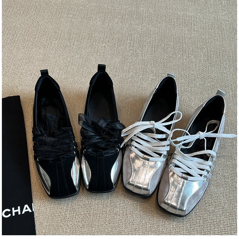 รองเท้าส้นแบนผู้หญิง หัวเหลี่ยม แบบผูกเชือก แฟชั่นลำลอง มูเลส - รูปที่ 4