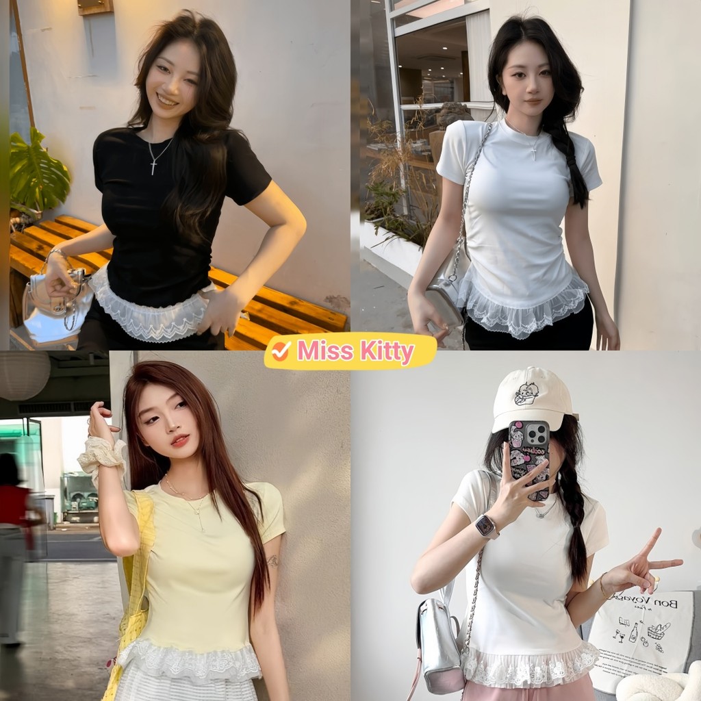🎀Miss Kitty❤️พร้อมส่ง เสื้อครอปแขนสั้น ผ้านิ่มใส่สบายยืกำลังดี คอกลม ผ้าไหมพรม แต่งขอบลูกไม้ "10157"