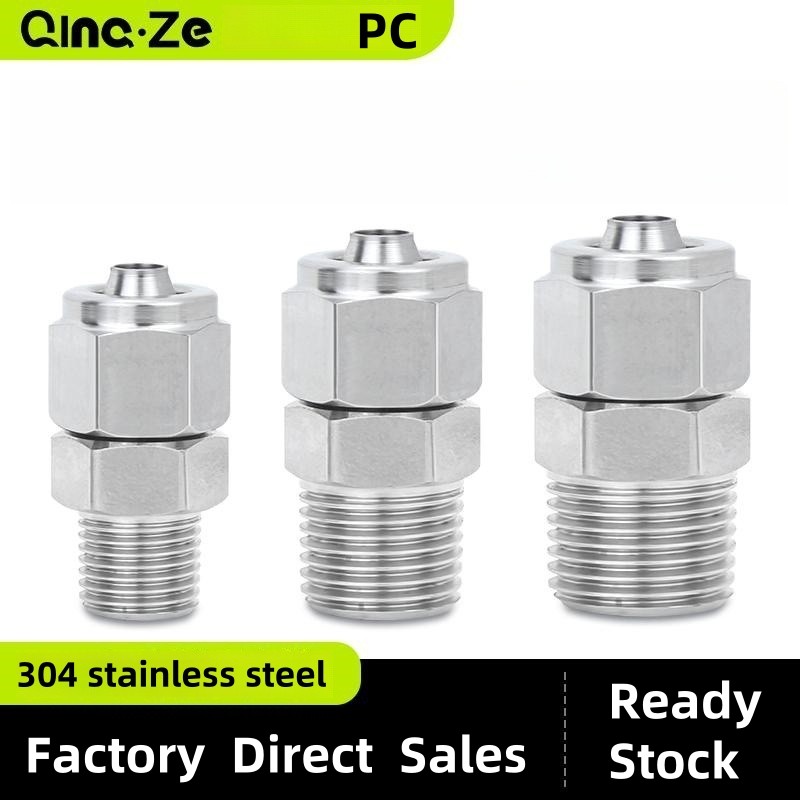 304 สแตนเลสสตีลข้อต่อด่วน PC ด้ายผ่าน Connector นิวเมติกอุปกรณ์ Air ท่ออะแดปเตอร์