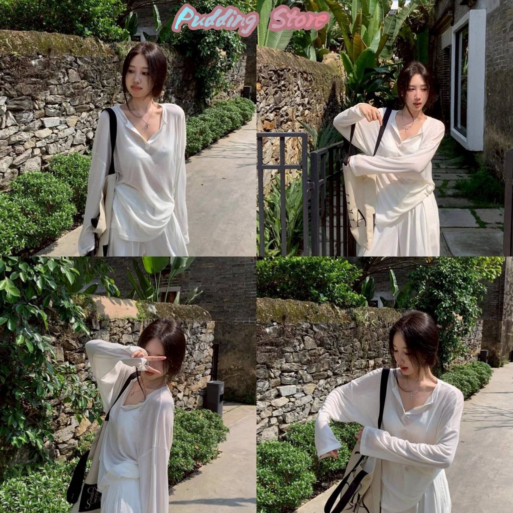 Pudding 💗พร้อมส่ง💗【เสื้อแขนยาว】เสื้อซีทรู  คอวี ดีเทลซีทรู บางเบา ใส่ง่ายสบาย FY2088
