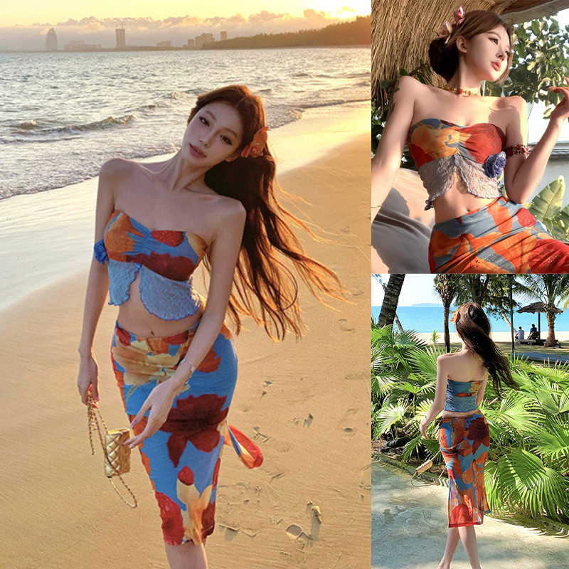 sexy swimsuit ชุดว่ายน้ําทูพีช เกาะอก กระโปรง ทูพีช ลายดอกไม้ มีฟองน้ำ#0810