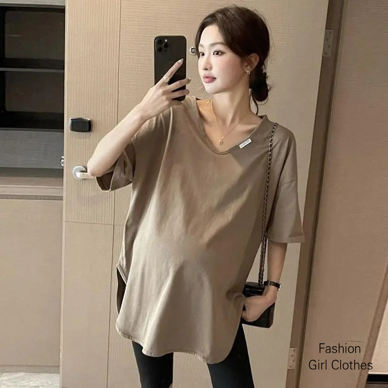 [4 สี] คอวีคลอดบุตรด้านบนตั้งครรภ์เสื้อยืดฤดูร้อนอารมณ์สบายๆหลวมขนาดใหญ่คลอดบุตร เรา - รูปที่ 2