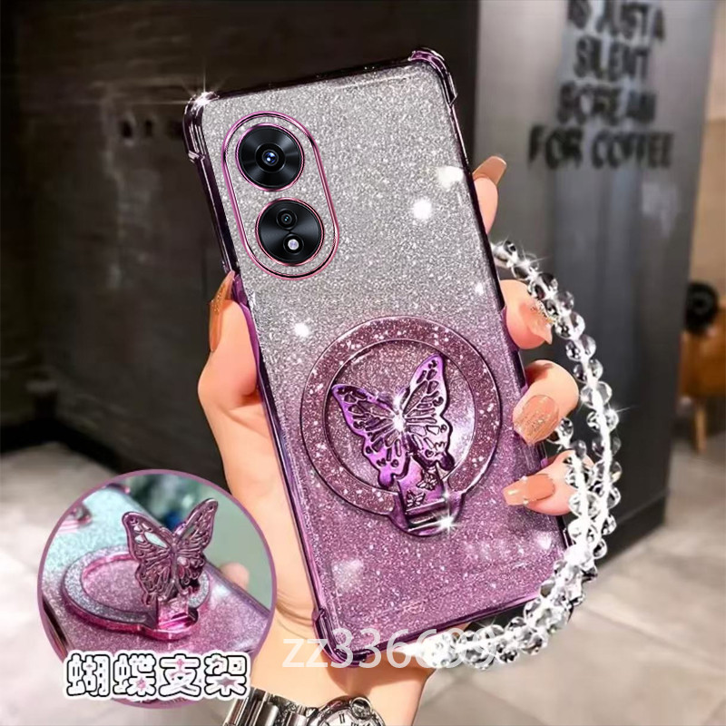 ปลอก OPPO A17 A17K A18 A38 A58 A78 4G 5G A98 A97 เคสโทรศัพท์ 2025 Sparkling powder หรูหราผีเสื้อใหม่รอบวงเล็บ glitter powder เคสโทรศัพท์ SJSFDDR