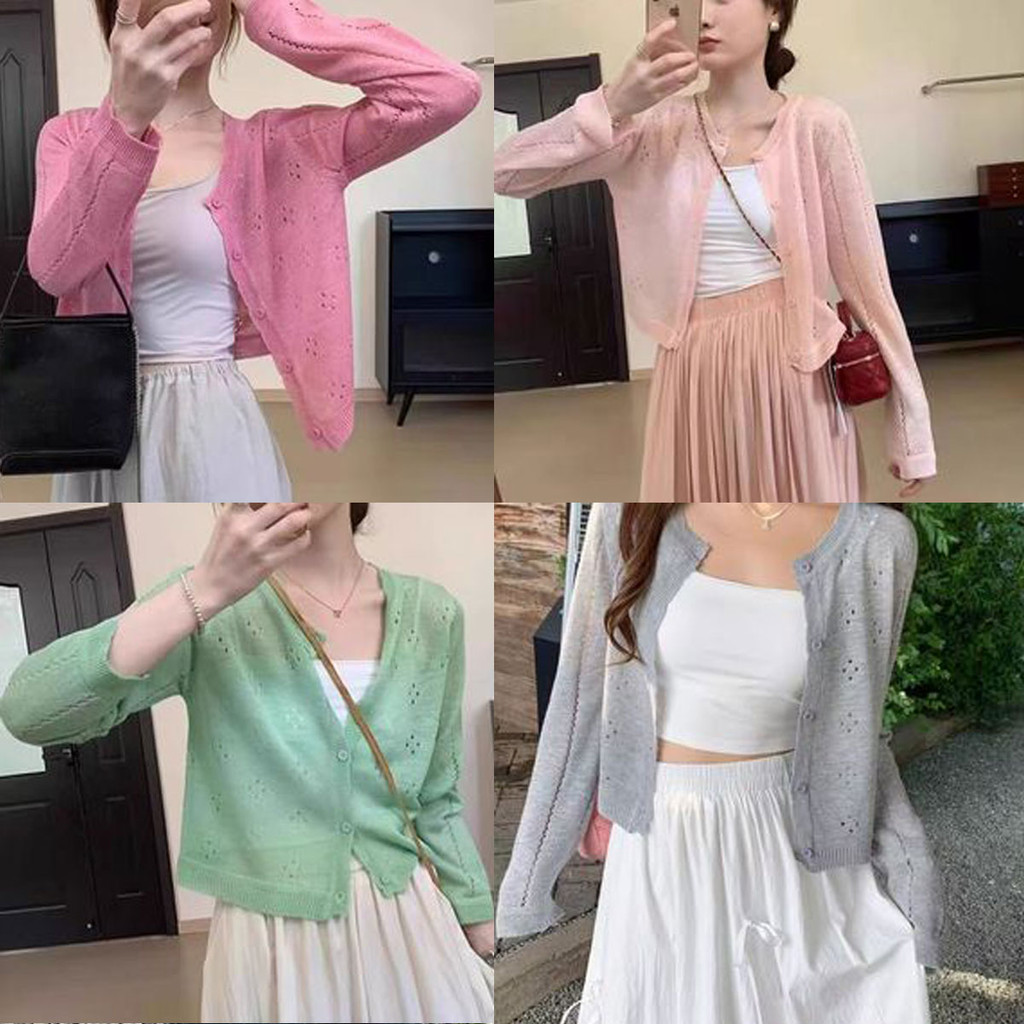 Cuties❤️เสื้อคลุมแขนยาวคาร์ดิแกน เสื้อแจ็คเก็ตคาร์ดิแกนกันแดดถักไหมน้ำแข็งกลวงสำหรับผู้หญิง เสื้อตัว