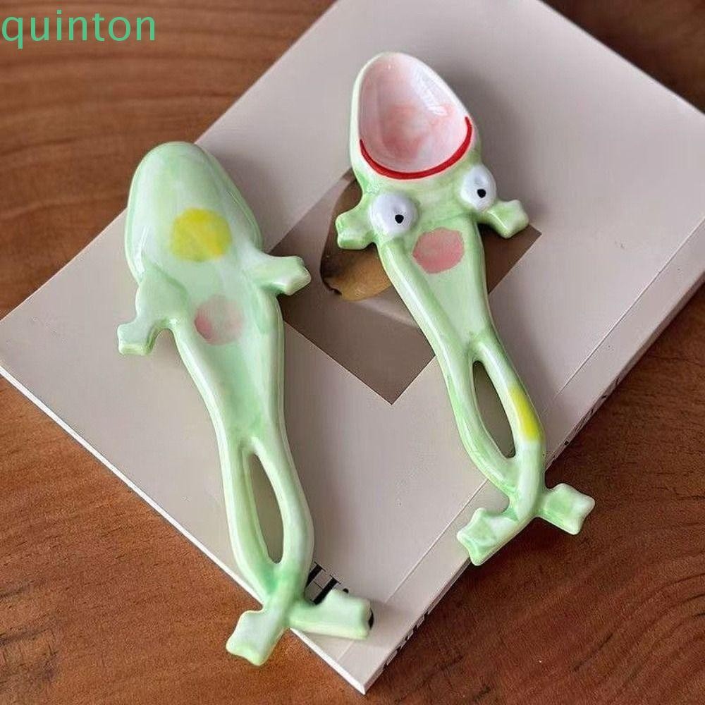 QUITON Ugly Frog Spoon, Creative Ceramic Dessert Spoon Tea Spoon Cute Long Handle Big Mouthed Coffee
