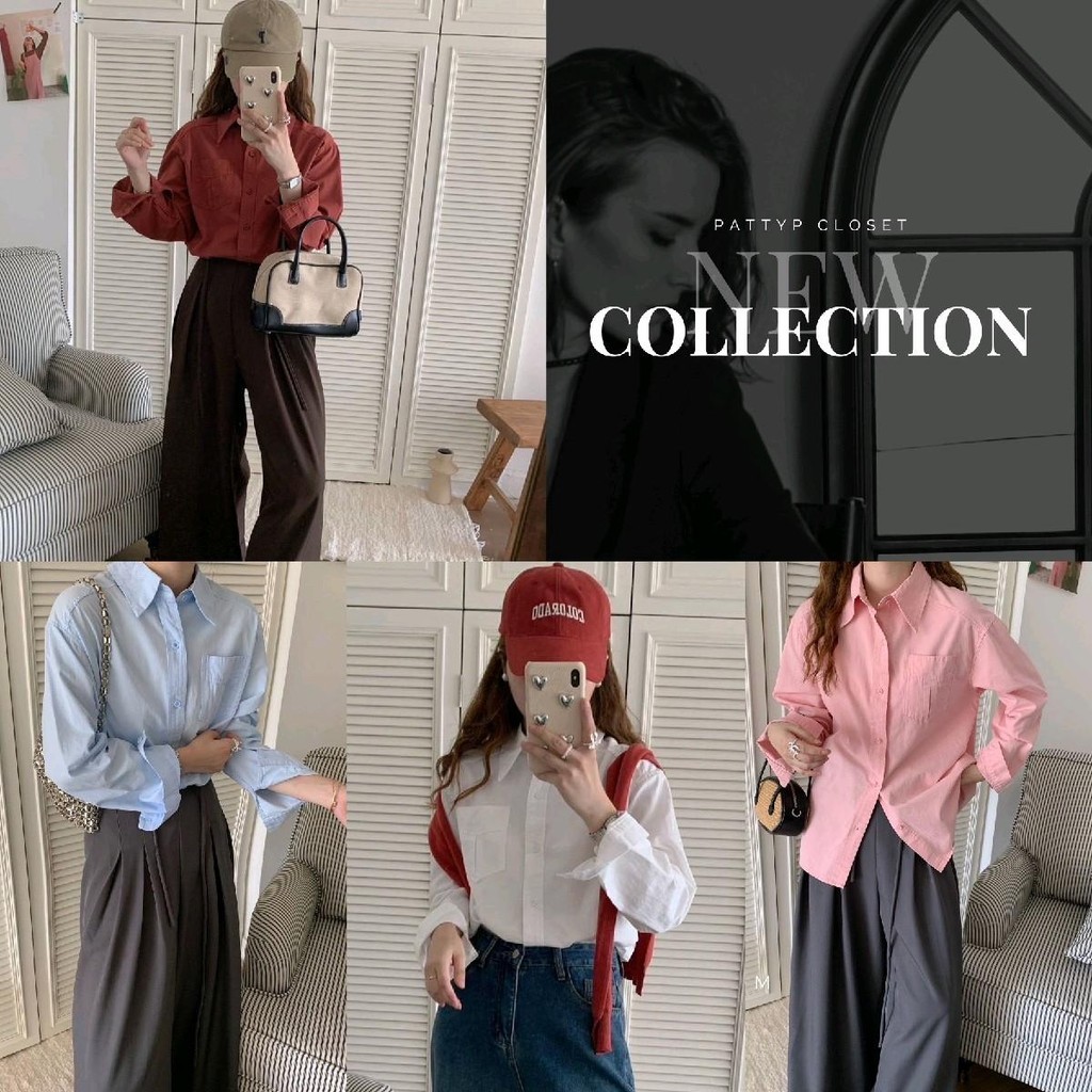 [หน้าผ้า44"] 60998 basic cotton shirt เสื้อเชิ้ตผ้าคอตตอนแต่งกระเป๋าที่อก 1 ข้าง Clothing