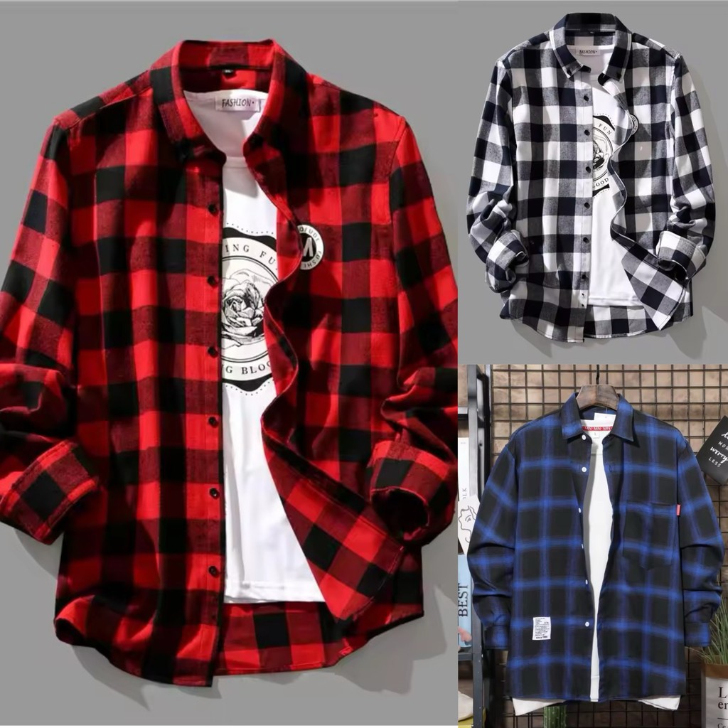 เสื้อแจ็กเก็ตแขนยาวลําลอง ทรงหลวม ลายสก๊อต สีดํา สีขาว แฟชั่นฤดูใบไม้ผลิ และฤดูใบไม้ร่วง สไตล์เกาหลี สําหรับผู้ชาย