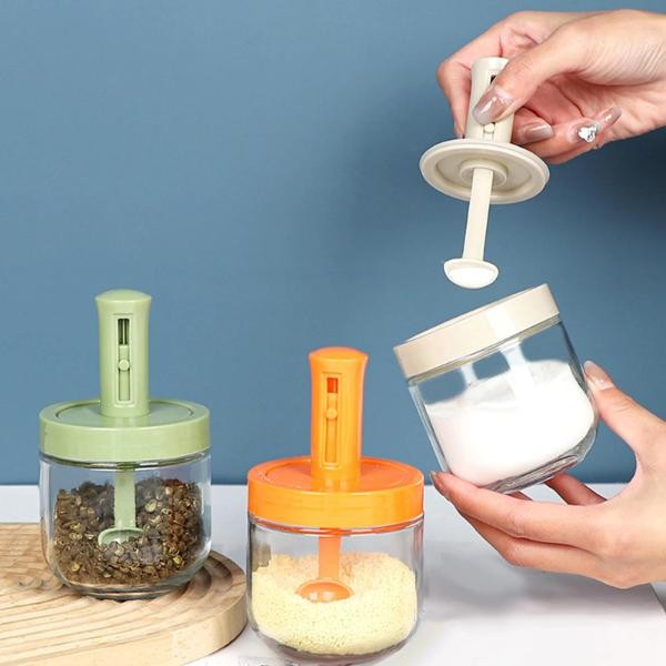 Am888� ขวดแก้วใส่เครื่องปรุง กระปุกแก้วใส่เครื่องเทศ 300ml.พร้อมช้อนตักในตัว มีฝาปิด กันความชื้น