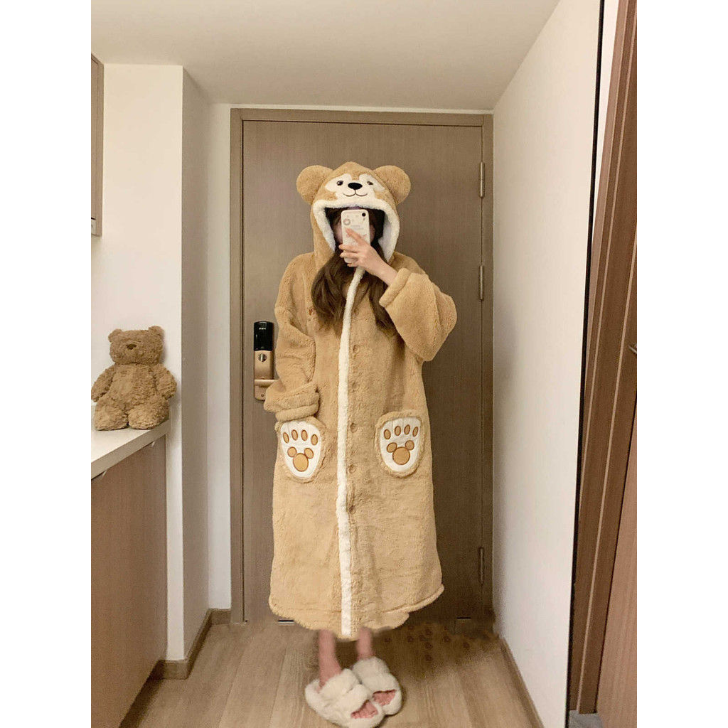 น่ารัก Duffy Bear Hooded Nightgown ฤดูหนาวชุดนอนขนแกะปะการังผู้หญิงขนแกะซับหนา Stu