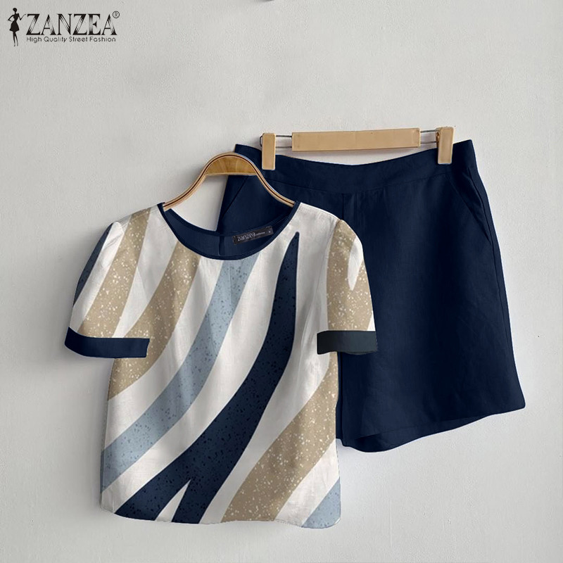 Zanzea ผู้หญิงเกาหลีหรูหราเรียบง่ายคอลูกเรือแขนสั้นเอวยางยืดเสื้อและกางเกงขาสั้น — صورة 5