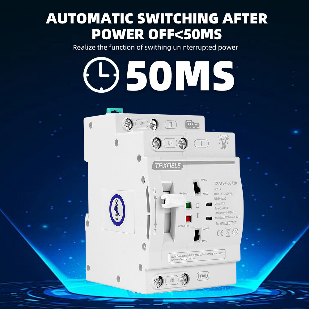 Taxnele Din Rail 63A ATS Dual Power สวิตช์โอนอัตโนมัติสวิตช์เลือกไฟฟ้า 2P 4P