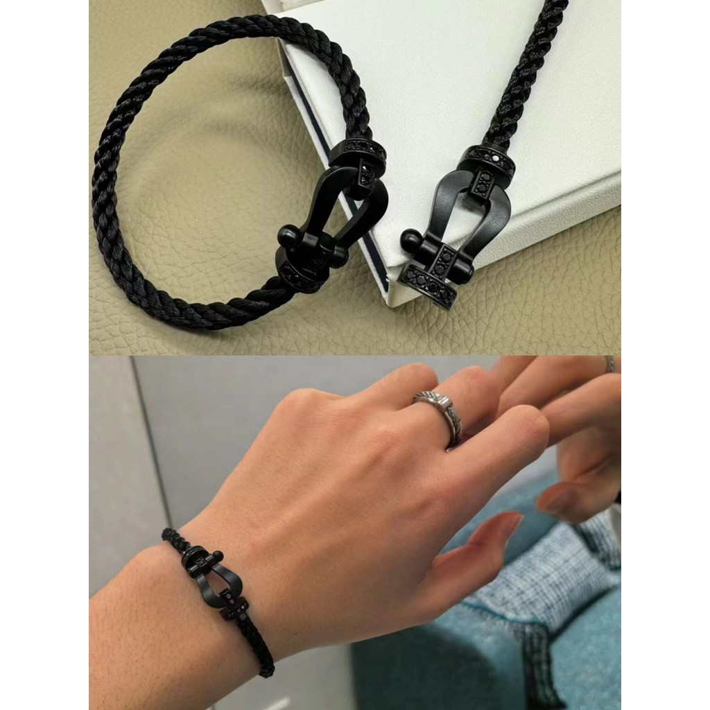 สร้อยข้อมือ เฟรด นักรบสีดําคู่หัวเข็มขัดเกือกม้าขนาดใหญ่สร้อยข้อมือเชือกเหล็กผู้ชาย