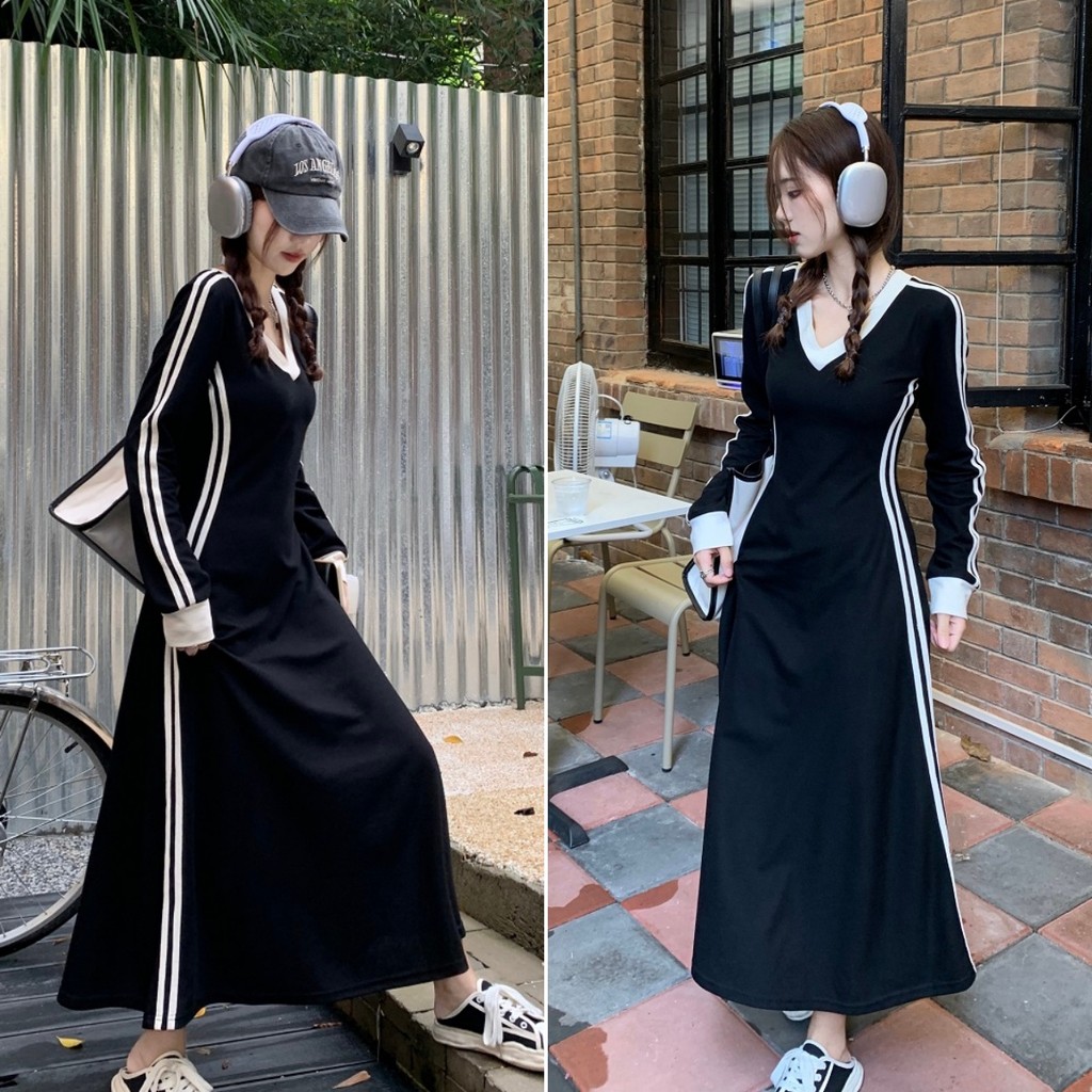 Hotgirl พร้อมส่ง ชุดเดรสแขนยาวผู้หญิง เดรสยาว ชุดดำ คอวีเซ็กซี่ ดีไซน์ลายทางด้านข้าง สง่างามและมีระดับ