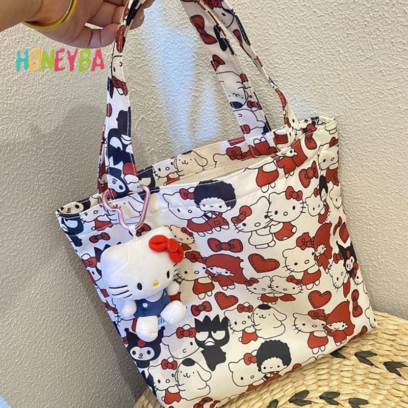 SANRIO <Honeyba>การ์ตูนSanrio Girlyกระเป๋าสะพายน่ารักhello Kitty Toteผ้าใบกระเป๋าขนาดใหญ่ความจุถุงอาหารกลางวันกระเป๋าเดินทางกระเป๋าถือของขวัญNice