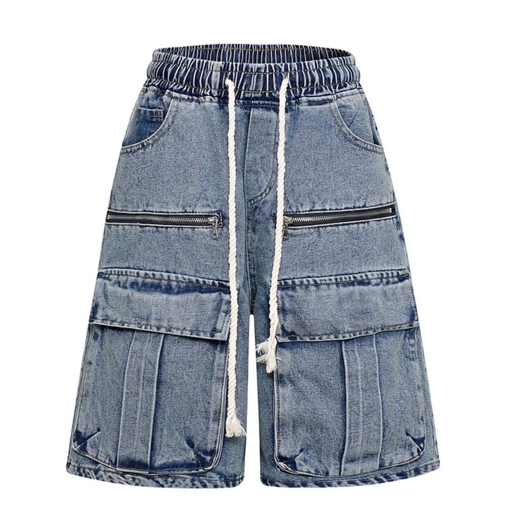 MNO.9 Short jeans S2401 กางเกงยีนส์ขา4ส่วน กางเกงยีนส์ชาย 4ส่วน แต่งซิป เอวยางยืด  วินเทจ