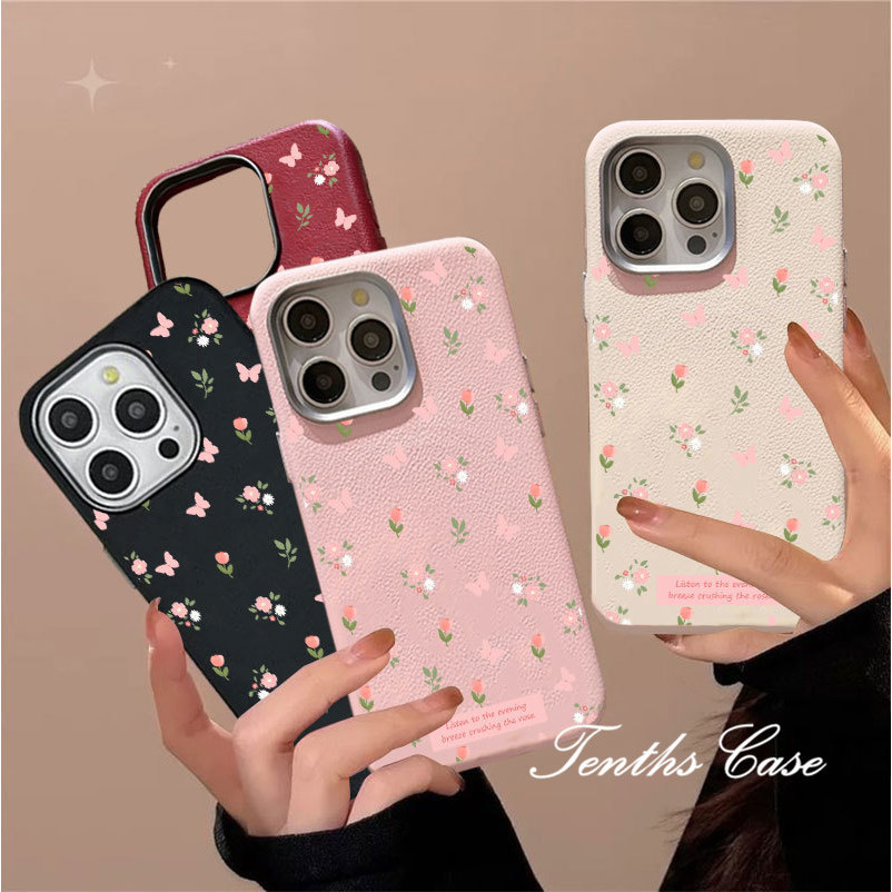 สําหรับoppo A3X A60 A79 A38 A18 A95 A94 A93 A92 A78 A76 A17 A16 A15 A31 A53 2020 ดอกไม้ผีเสื้อสีชมพูธรรมดาหนังชุบเลนส์กรอบเคสโทรศัพท์ปกอ่อน